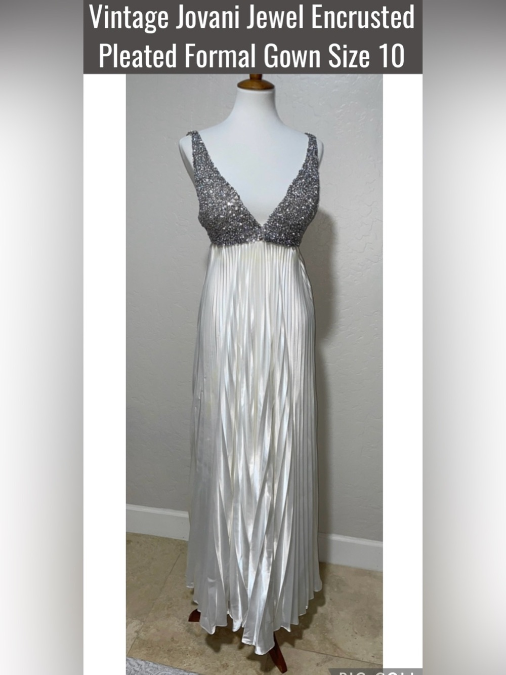 Vintage Jovani Jewel Encrusted Pleated Formal Gown Size 10-White/Silver